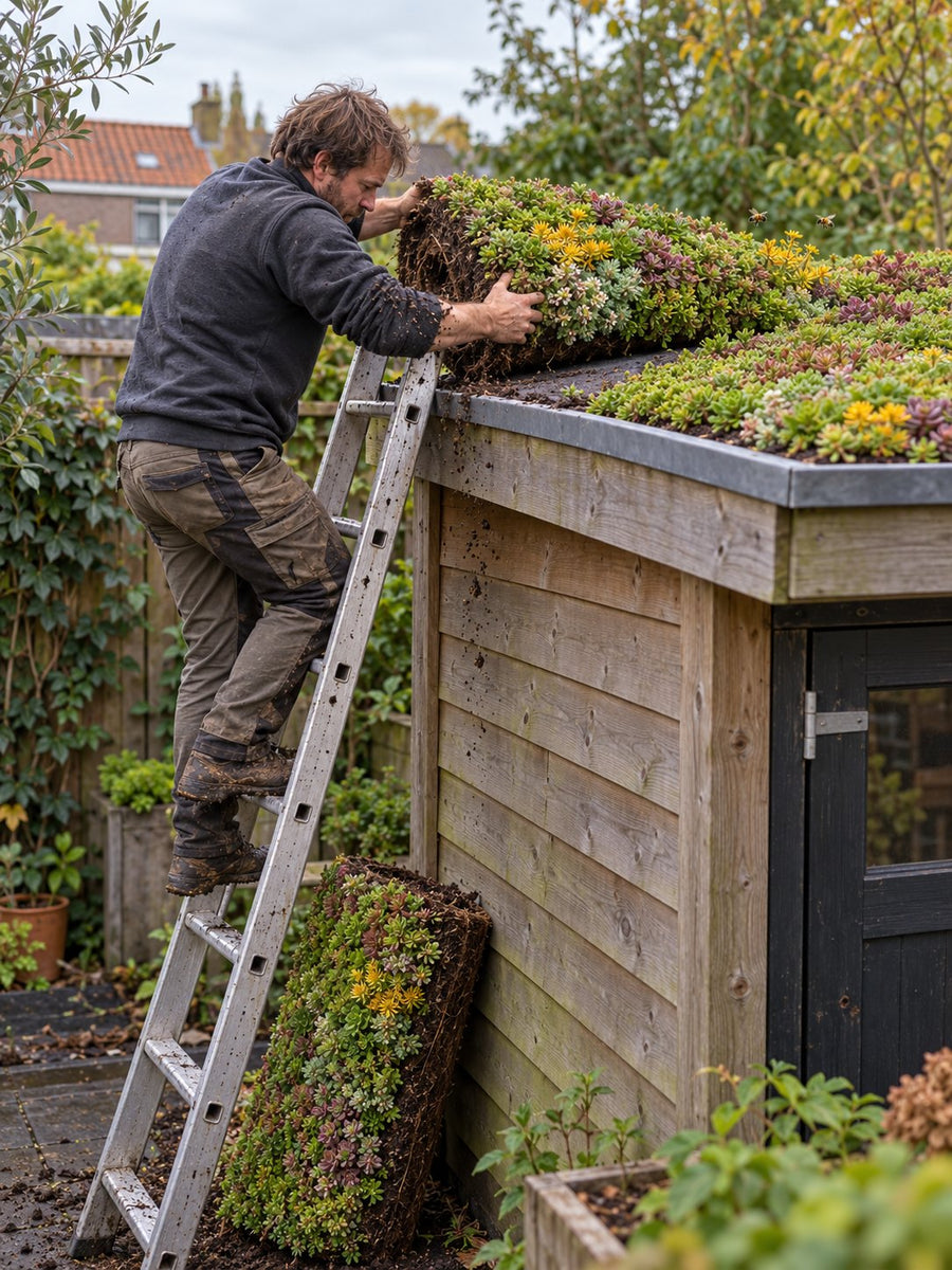 Een man legt vanaf een ladder sedummatten op het dak van een tuinschuur