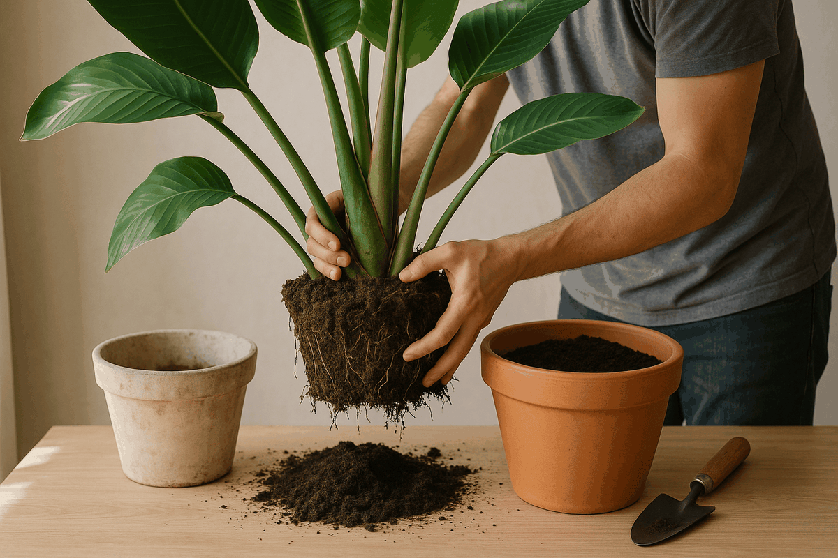 Strelitzia Nicolai plant being repotted step by step with fresh soil and drainage in a larger pot