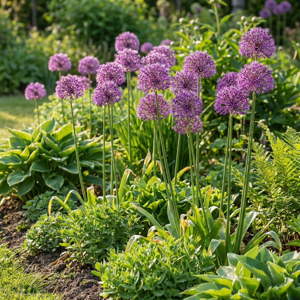 Bulbos de allium Purple Rain en flor en el jardín