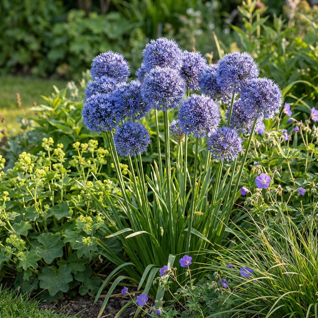 Bulbi di allium Caeruleum in fiore in giardino