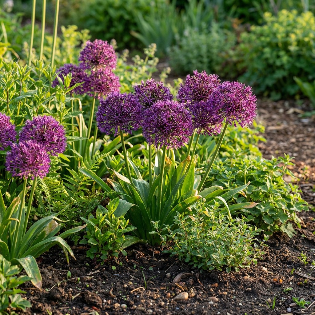 Bulbi di allium Miami in fiore in giardino