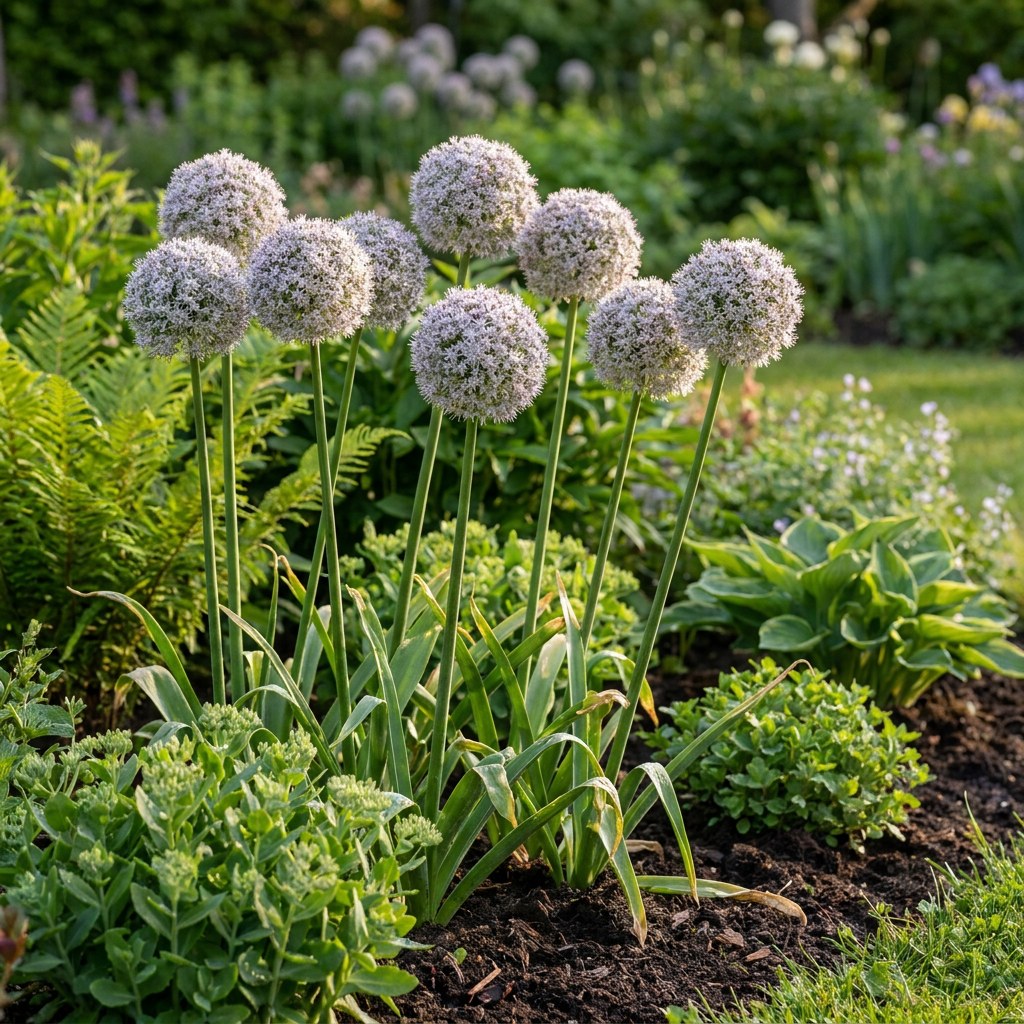 Prydløg Ping Pong i blomst i haven