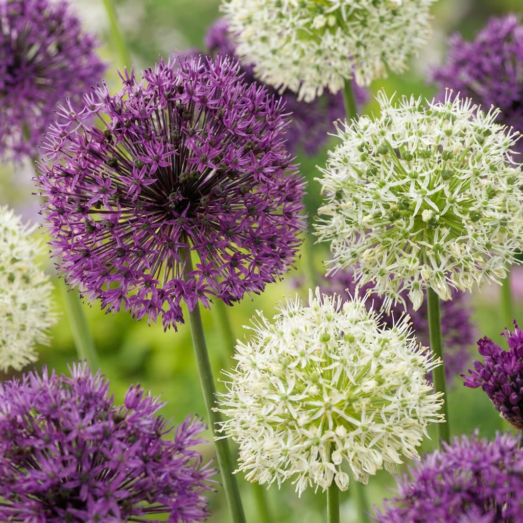 Bulbes d'ail d'ornement Purple-White mix en fleurs