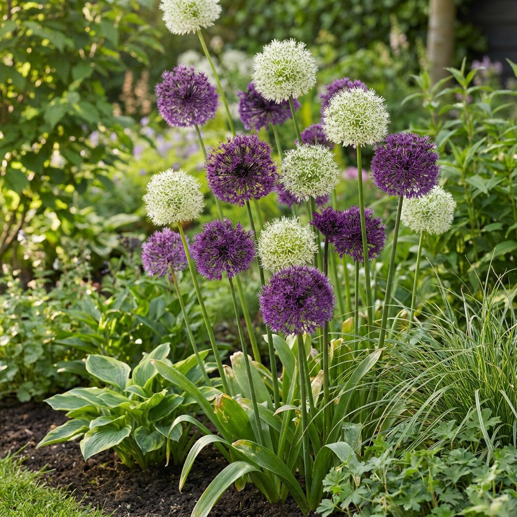 Bulbes d'ail d'ornement Purple-White mix en fleurs au jardin