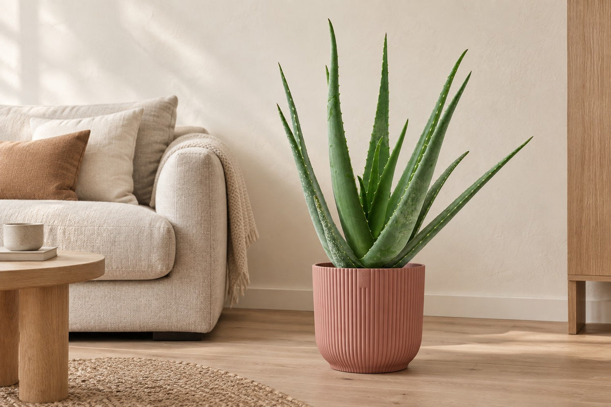 Aloe Vera, 70 cm, i potteskjuler elho Vibes Fold Round roze i en lys stue