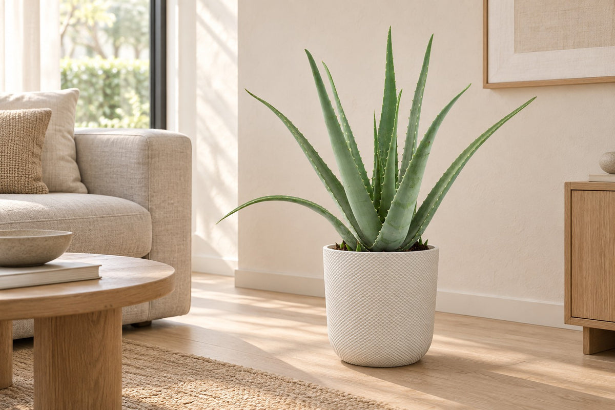 Aloe Vera van 70 cm in sierpot Elho Jazz Round wit in een lichte woonkamer
