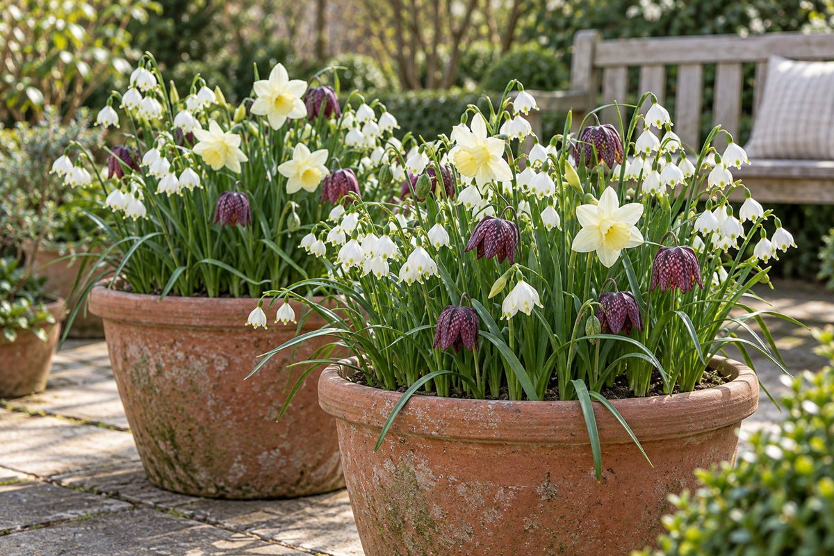 Bloem natte tuin mix in bloei in potten op een terras