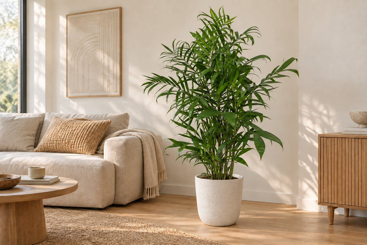 Chamaedorea Seifrizii, 150 cm, in planter Elho Jazz Round wit in a bright living room