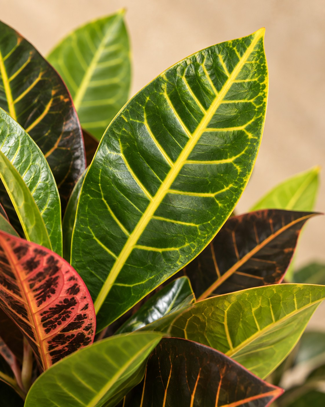 Primo piano delle foglie di Codiaeum Petra (Codiaeum variegatum 'Petra')