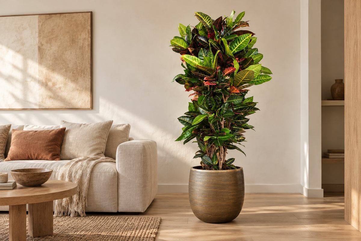 Codiaeum Petra, 170 cm, in vaso Rowen gold in un soggiorno luminoso