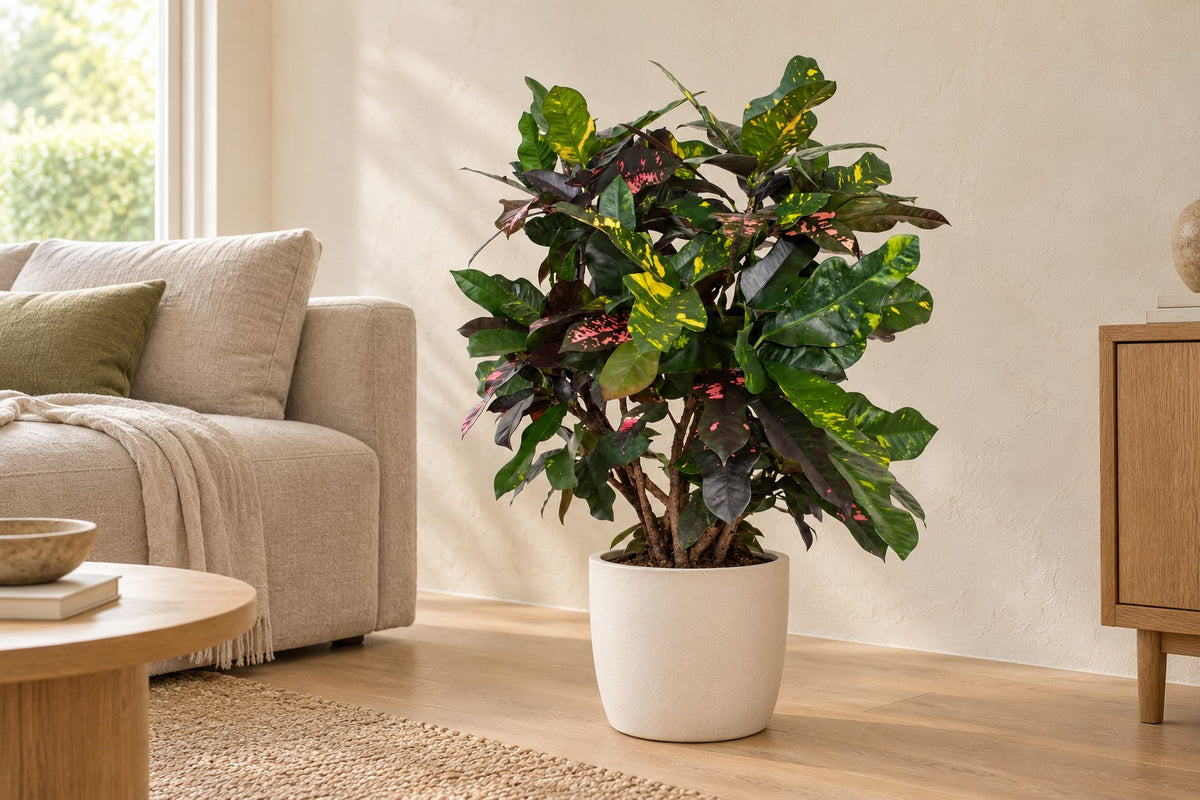 Kroton, 110 cm, i a white ceramic planter i ett ljust vardagsrum