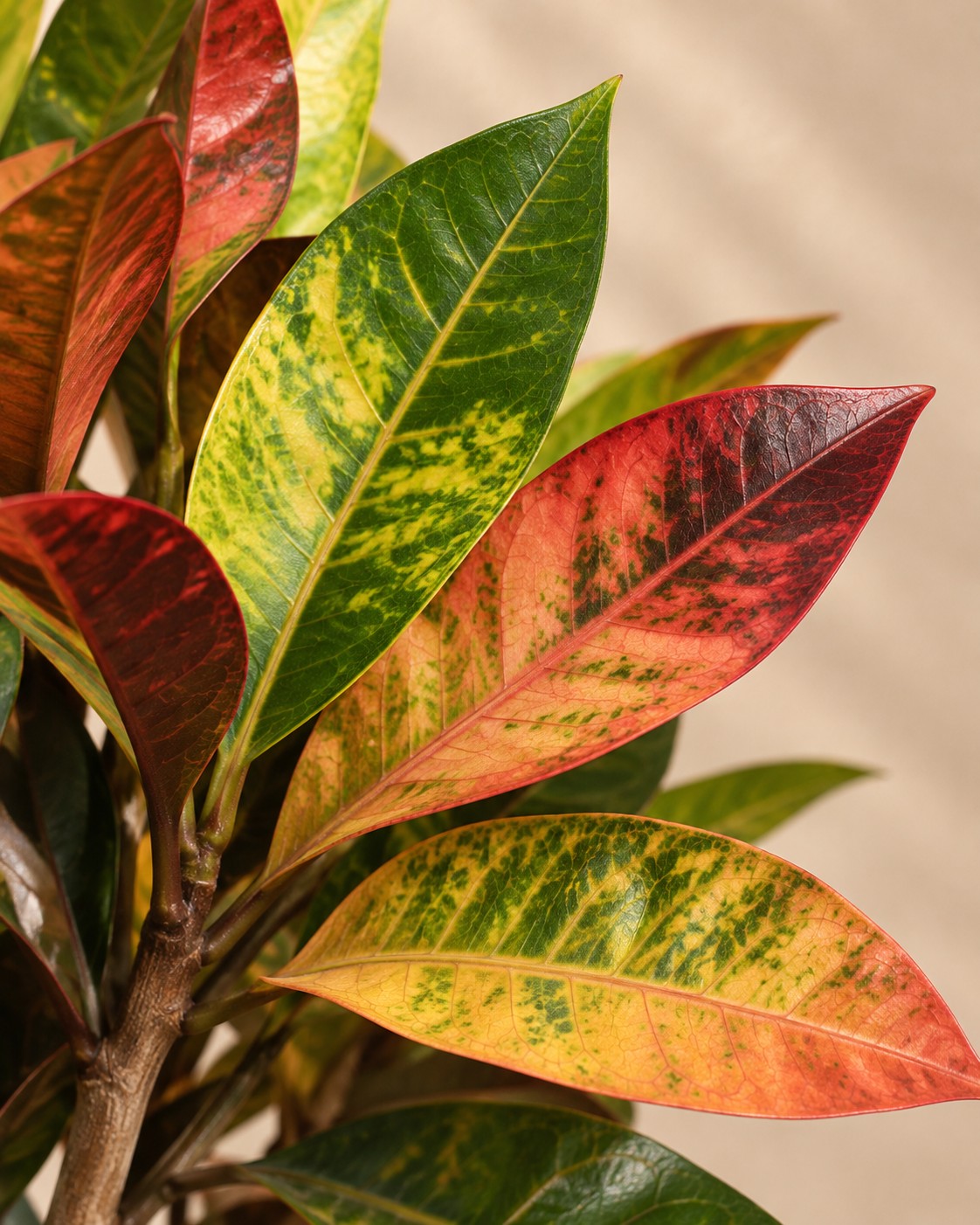 Close-up van het blad van de Croton Iceton XXL (Codiaeum variegatum 'Iceton')
