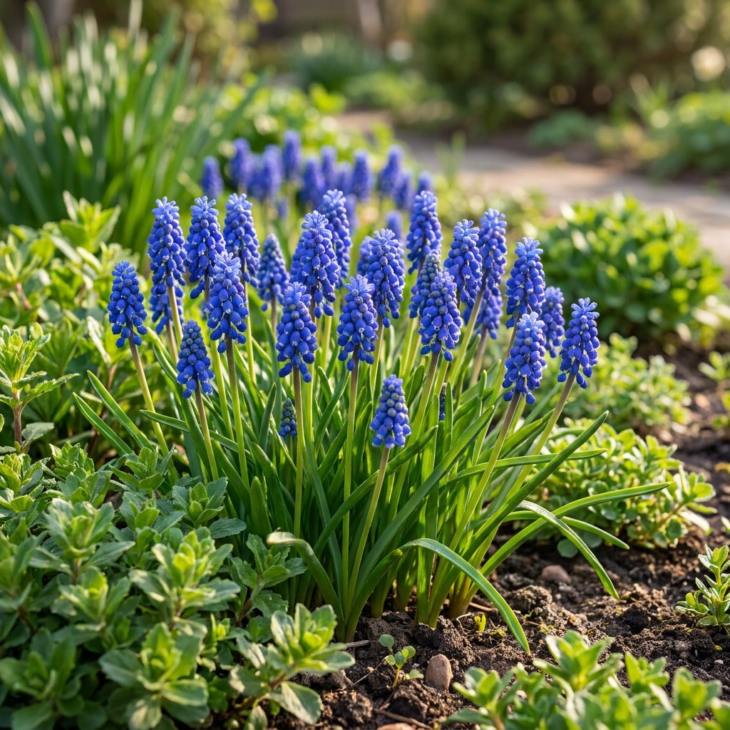Perlehyacintløg Armeniacum i blomst i haven