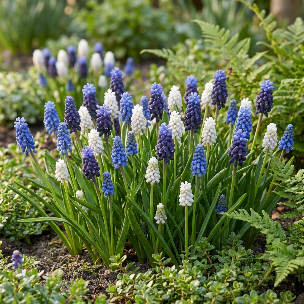 Bulbi di muscari Magic mix in fiore in giardino