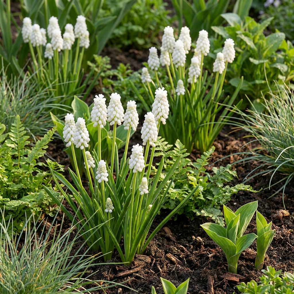 Pärlhyacintlökar White Magic i blom i trädgården