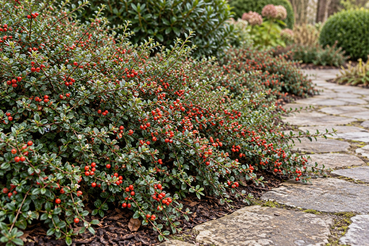 Zwergmispel 'Coral Beauty' im Garten gepflanzt