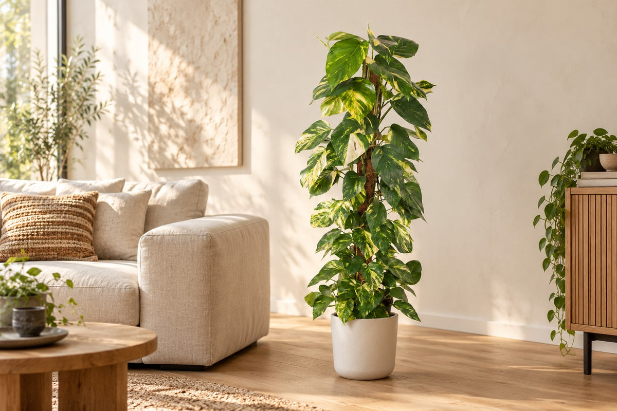 Epipremnum pinnatum van 120 cm in een witte keramische pot in een lichte woonkamer