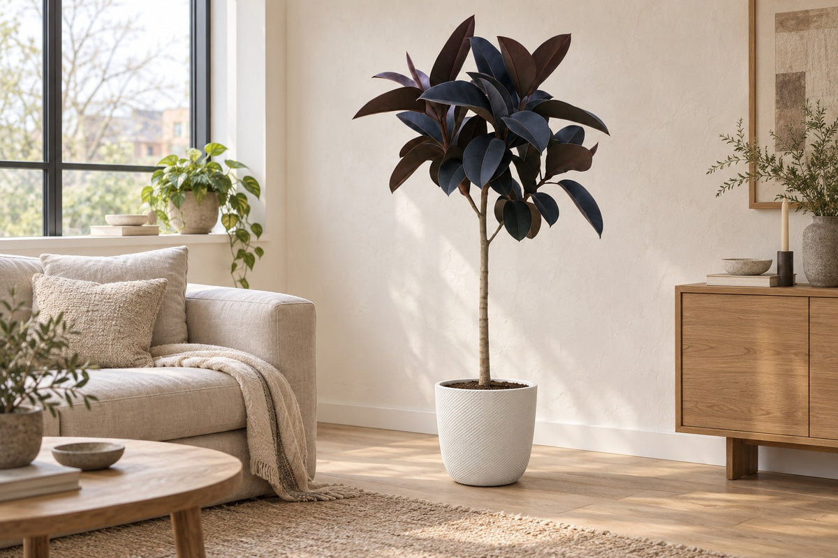 Ficus Elastica Abidjan stam van 150 cm in sierpot Elho Jazz Round wit in een lichte woonkamer
