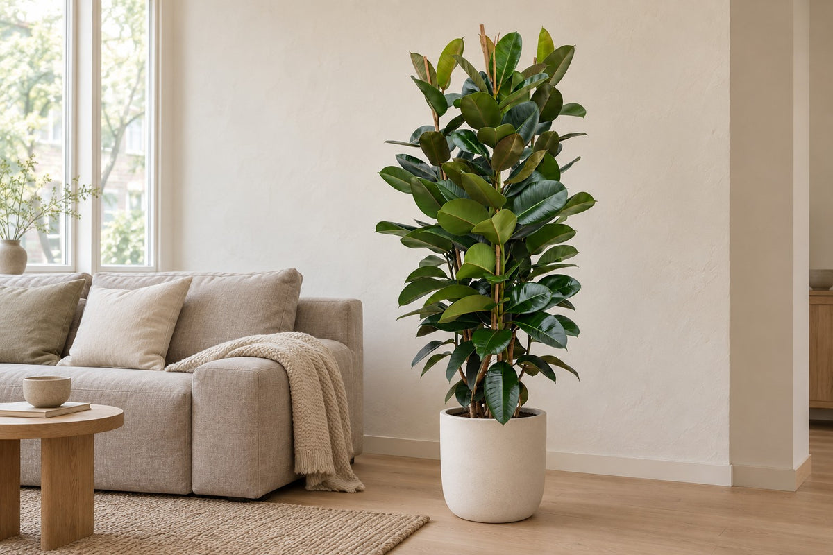 Ficus Elastica Robusta struik van 140 cm in een witte keramische pot in een lichte woonkamer