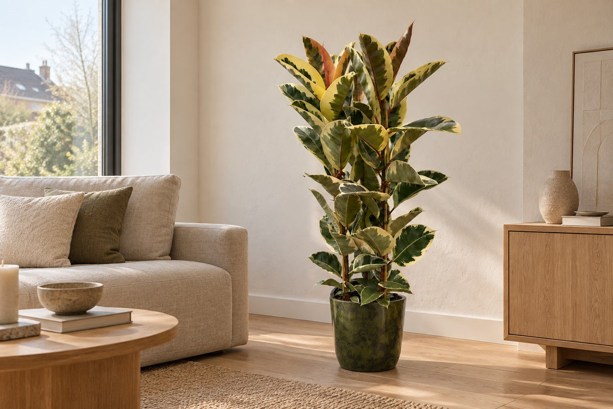 Ficus Elastica Tineke van 140 cm in sierpot Palermo marble groen in een lichte woonkamer