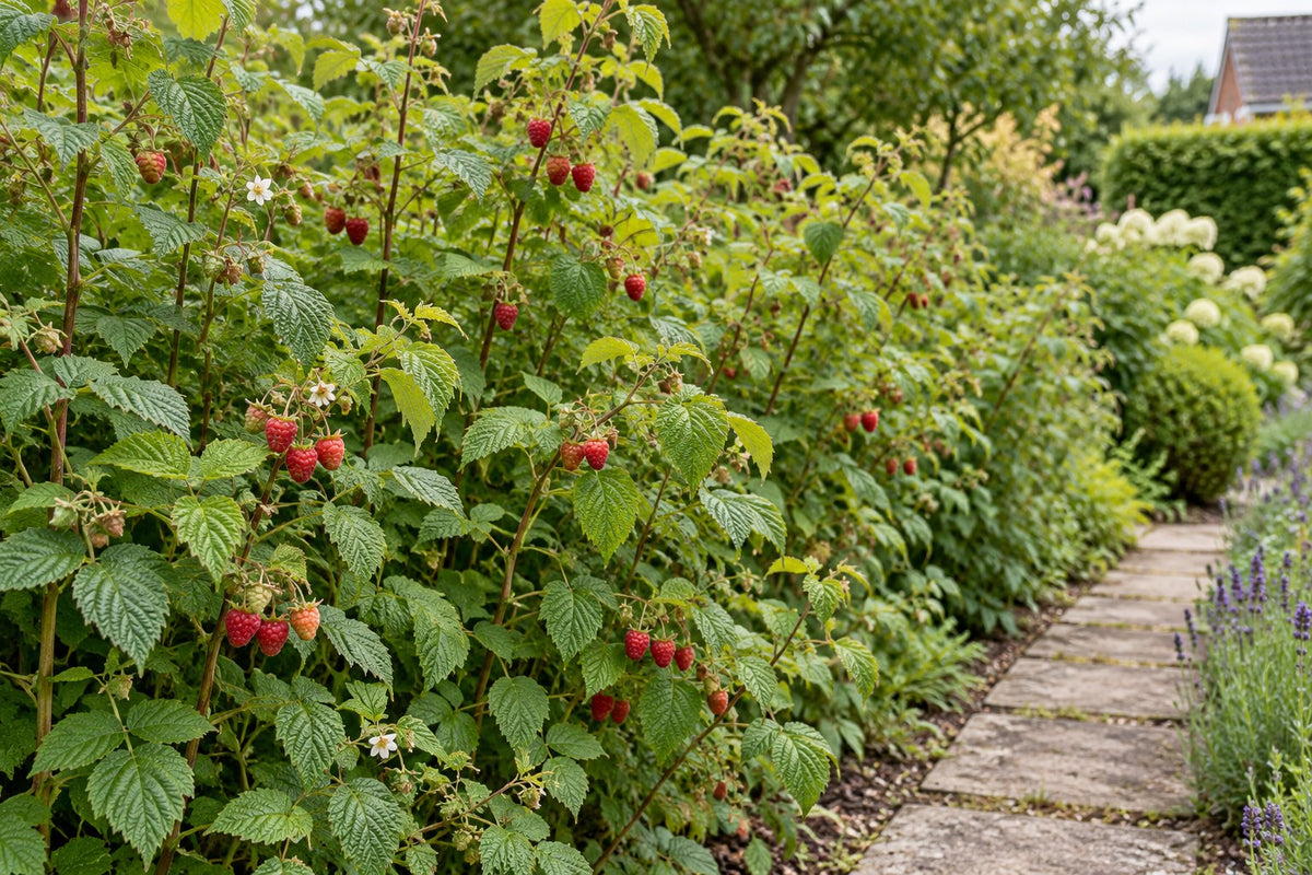 Frambozenplant biologisch aangeplant in de tuin