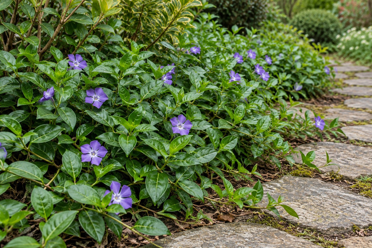 Vinca mayor plantada en el jardín