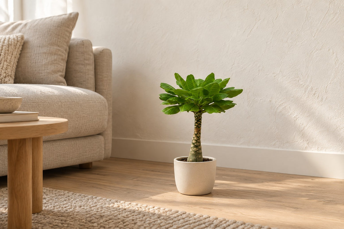 Hawaiipalme, 25 cm, in a white ceramic planter in einem hellen Wohnzimmer