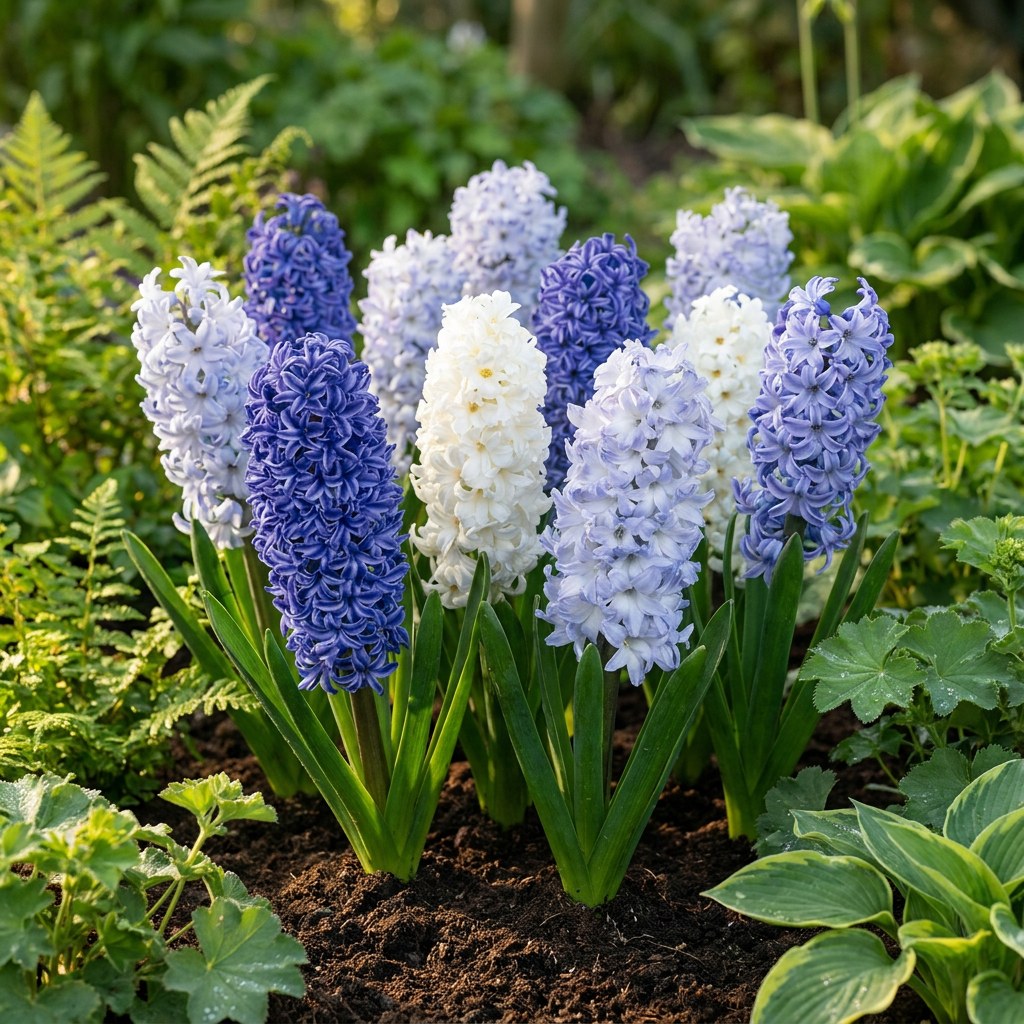 Bulbi di giacinto Blue water mix in fiore in giardino