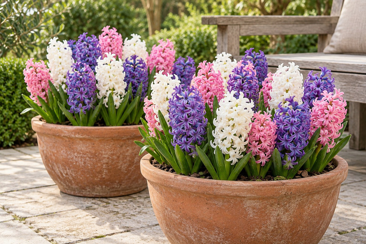 Hyacinten Pastel mix in bloei in potten op een terras