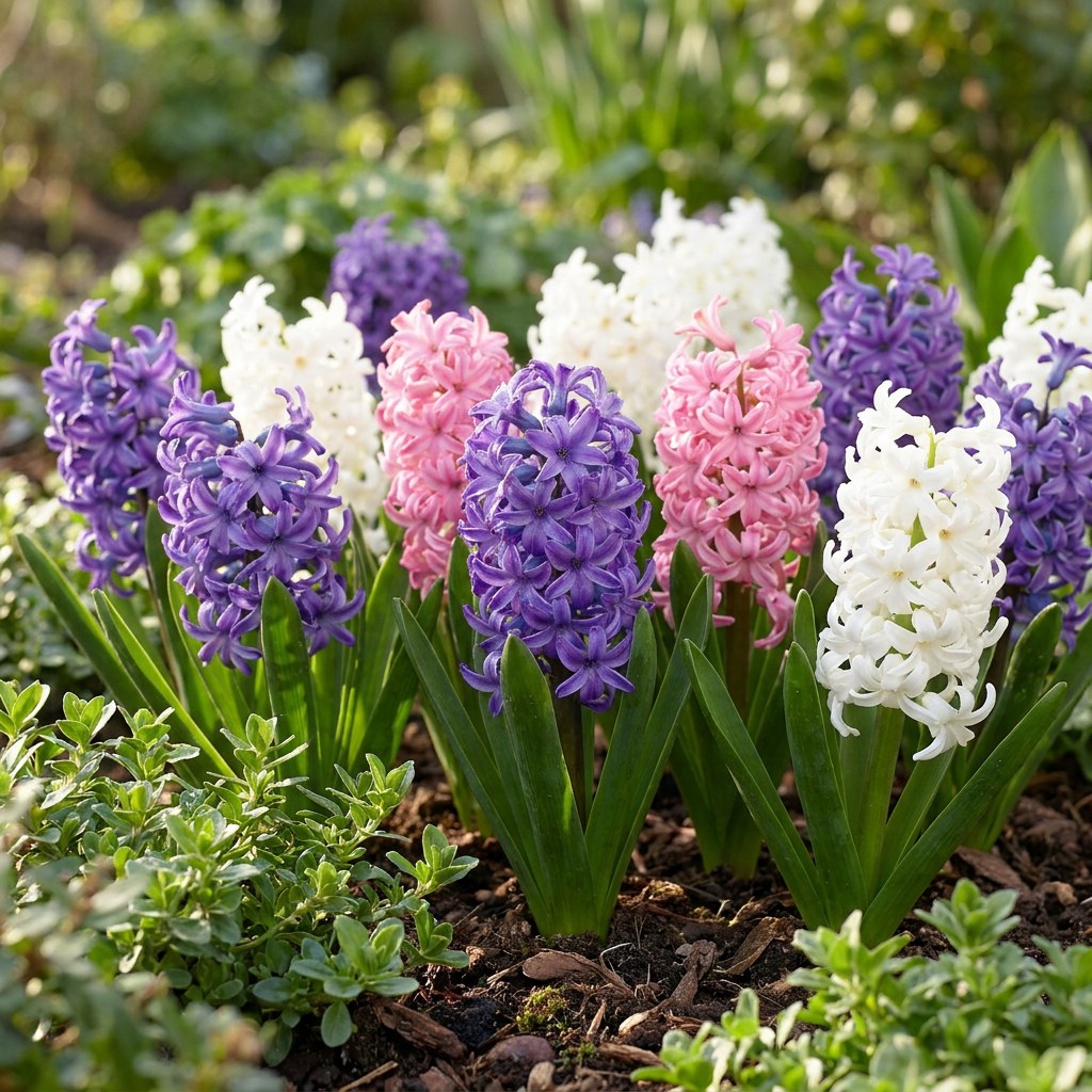 Hyacinten Pastel mix in bloei in de tuin