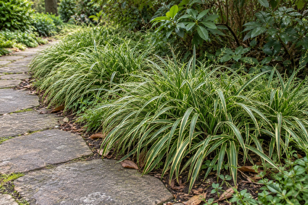 Japansk starr 'Aureovariegata' planterad i trädgården