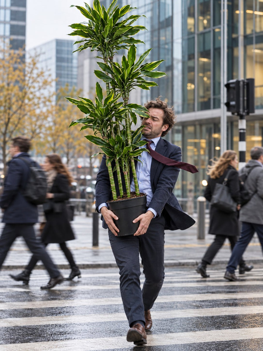 Een man in pak sjouwt een hoge Dracaena over het zebrapad naar kantoor