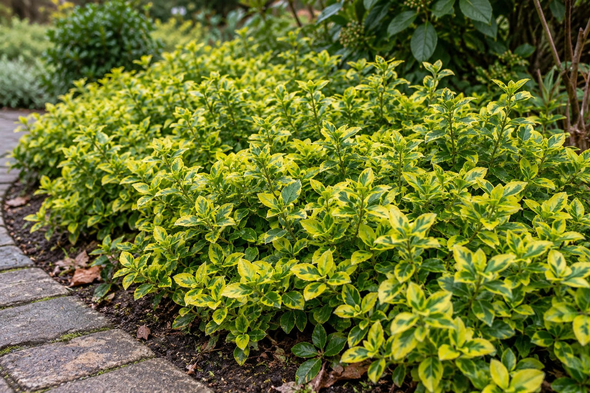 Trzmielina pnąca 'Emerald 'n Gold' posadzona w ogrodzie