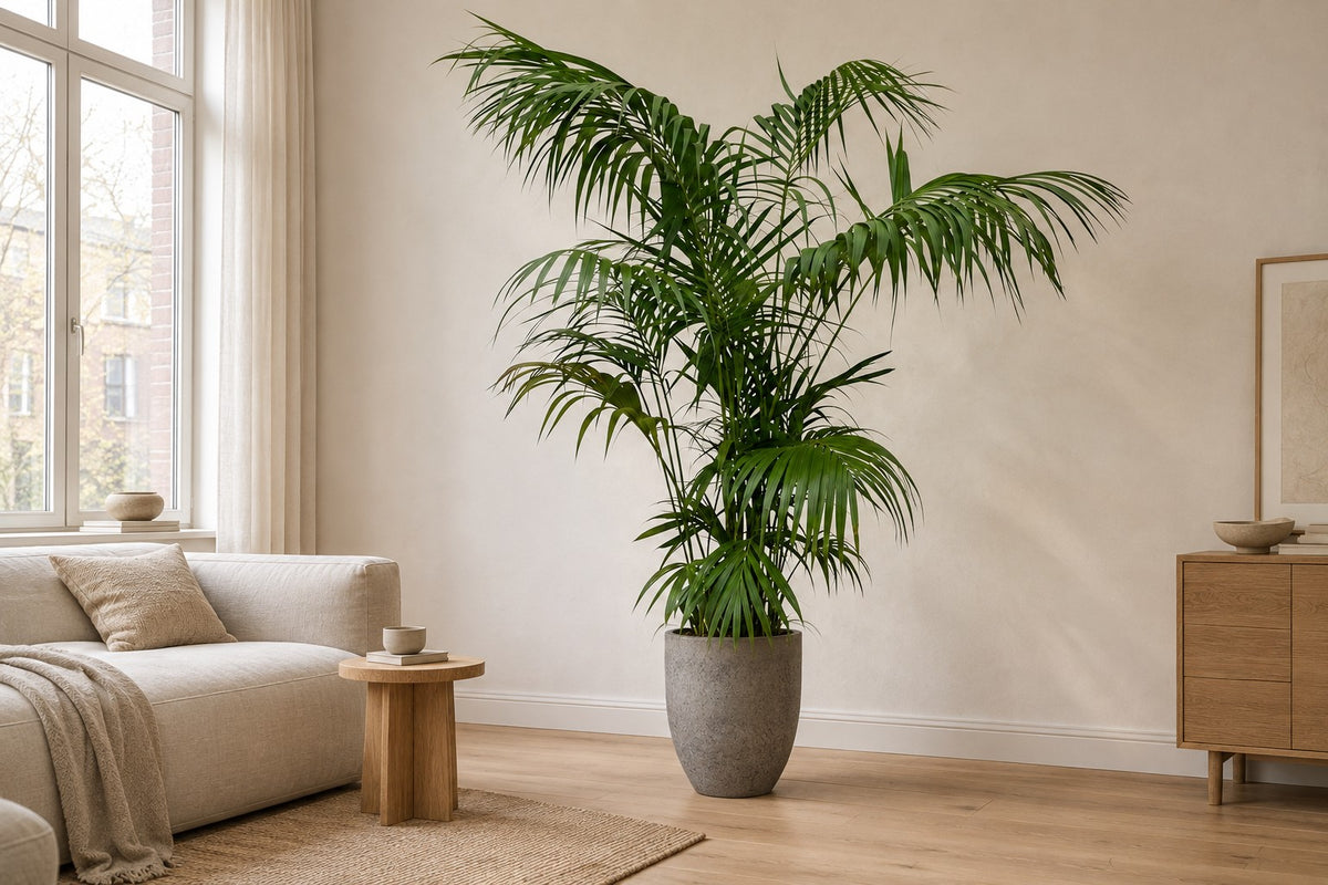 Kentia Palm van 260 cm in sierpot Mountain Hayes in een lichte woonkamer