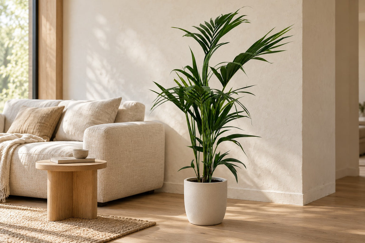 Kentiapalm van 110 cm in een witte keramische pot in een lichte woonkamer