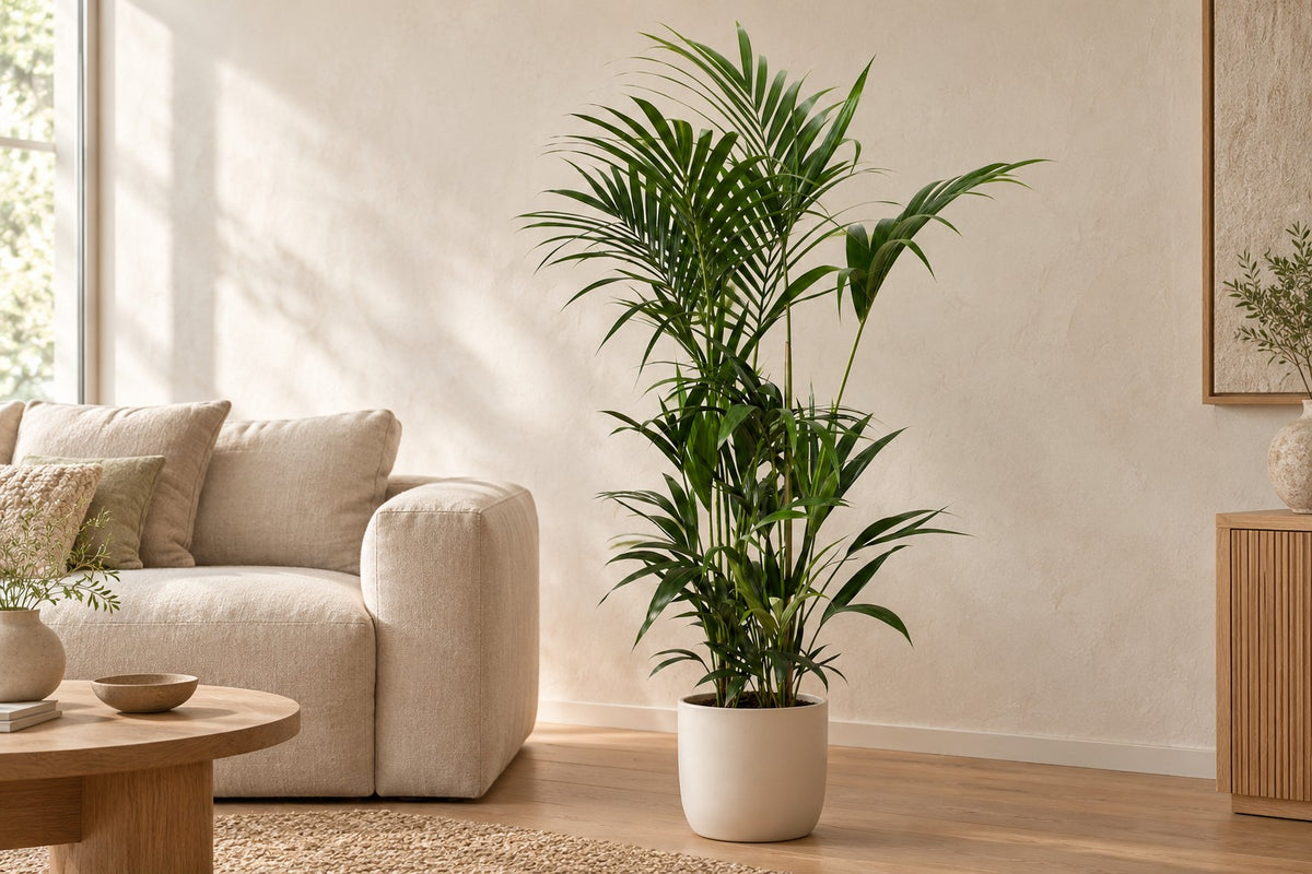 Kentia palm, 170 cm, in a white ceramic planter in a bright living room