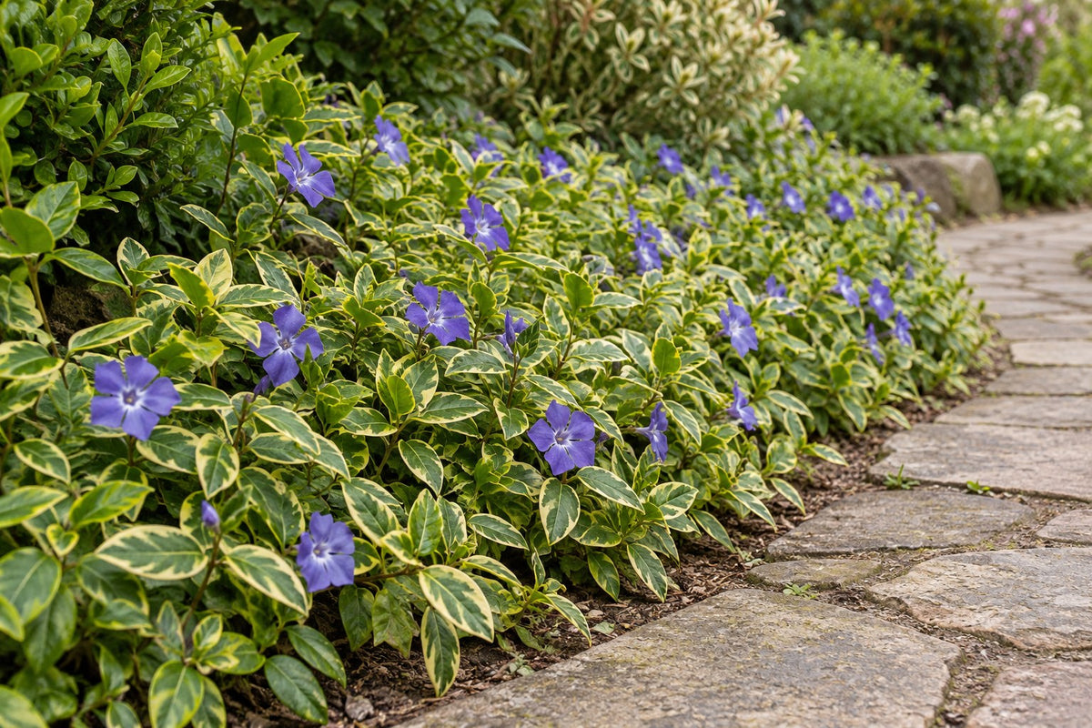 Petite pervenche 'Blue and Gold' planté au jardin
