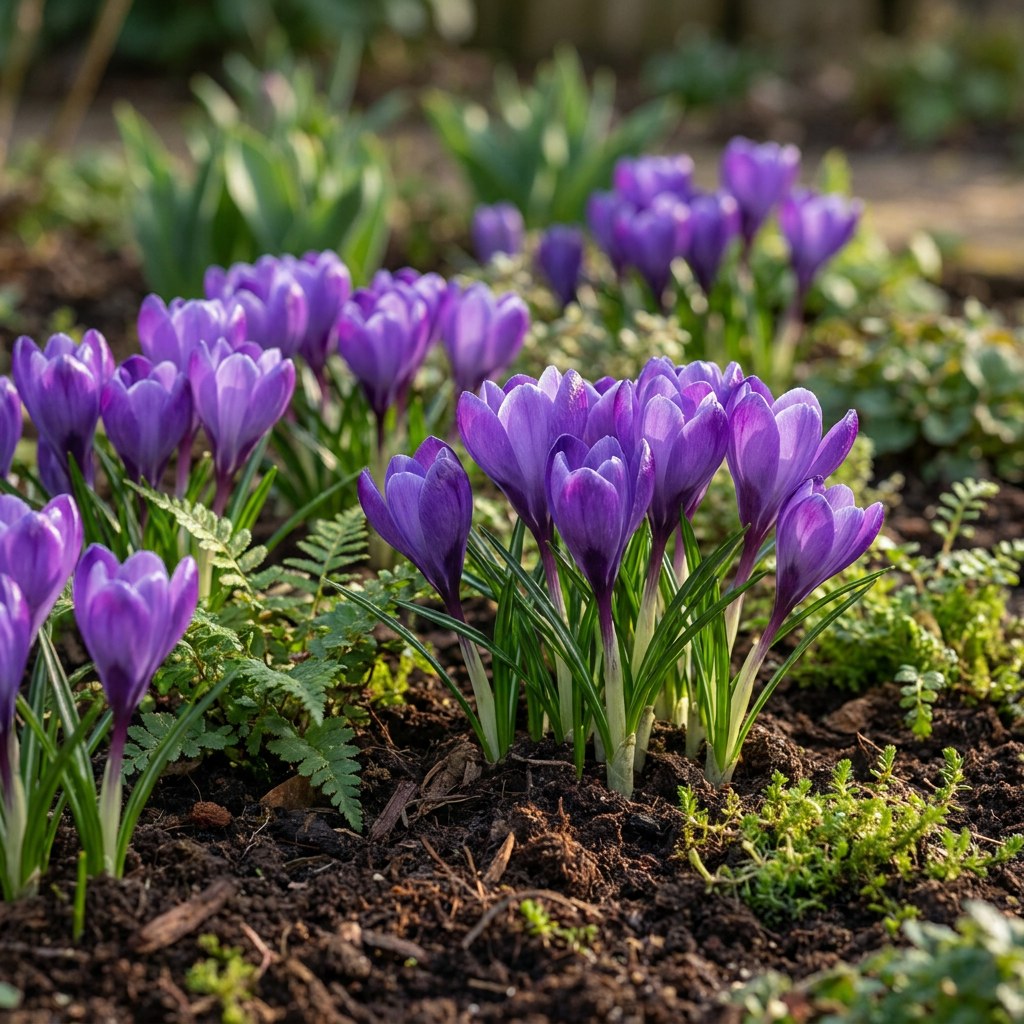 Krokusløg Blue i blomst i haven