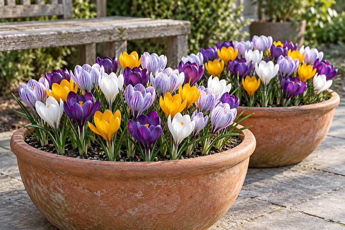 Krokuszwiebeln Großblumiger Mix in Blüte in Töpfen auf der Terrasse