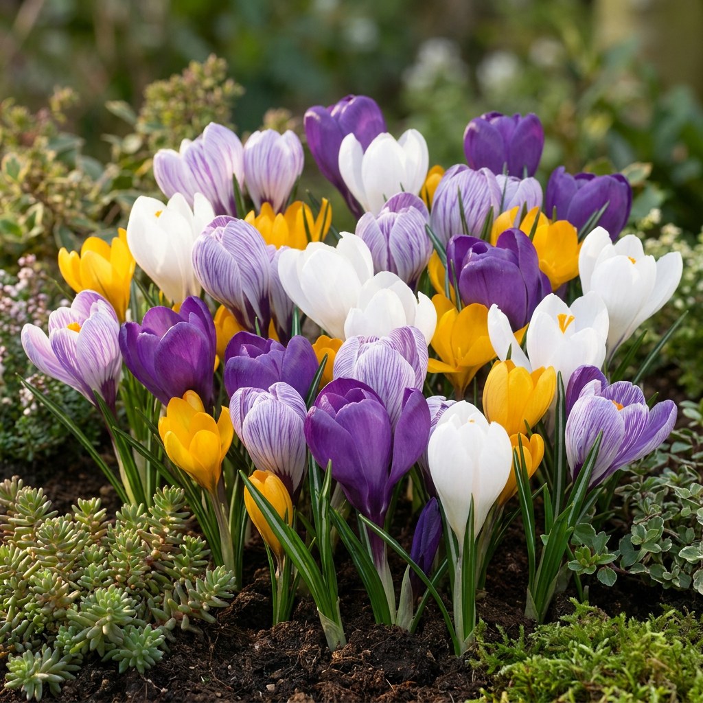 Krokuszwiebeln Großblumiger Mix in Blüte im Garten