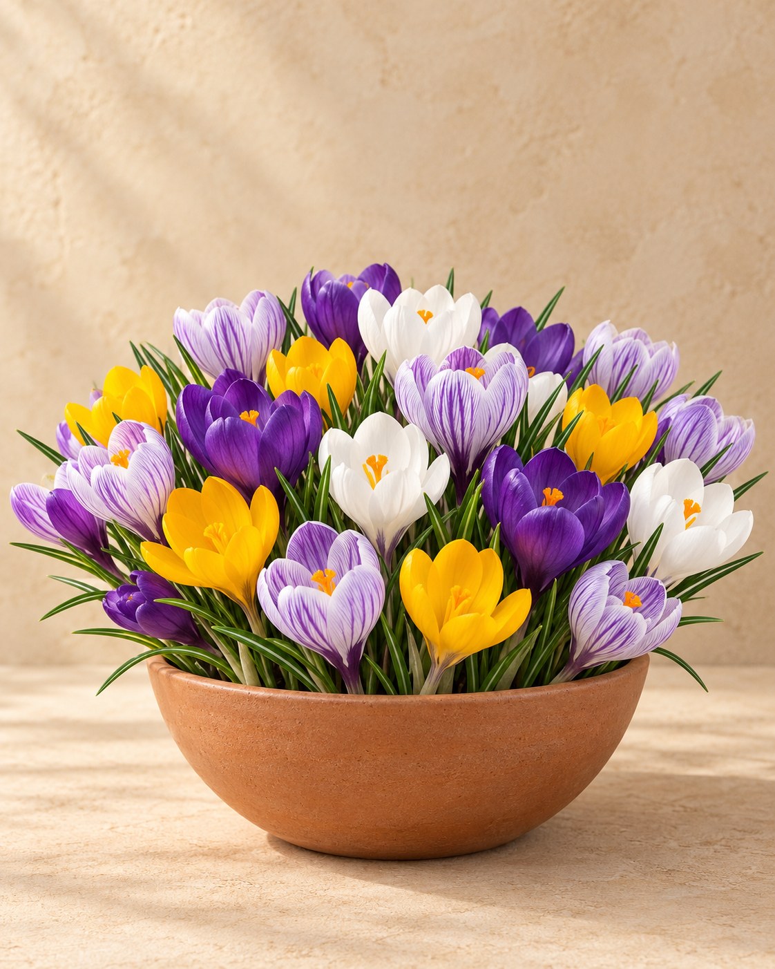 Krokuszwiebeln Großblumiger Mix in Blüte in einer Vase
