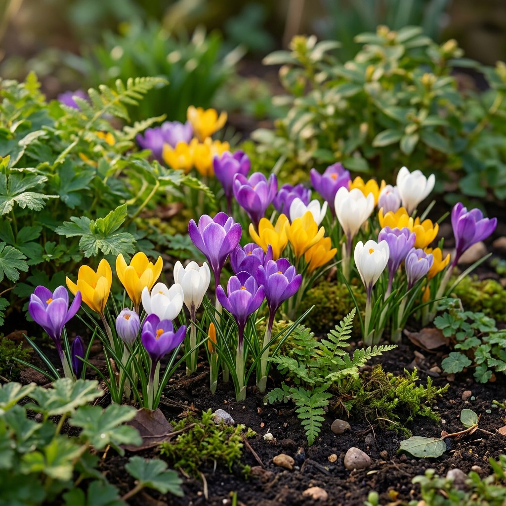 Krokus mix in bloei in de tuin