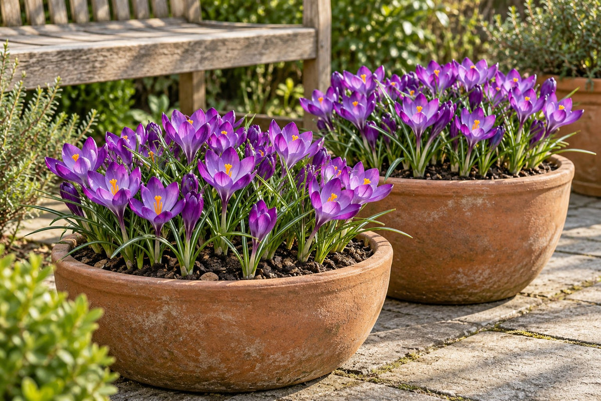 Krokus Ruby Giant in bloei in potten op een terras