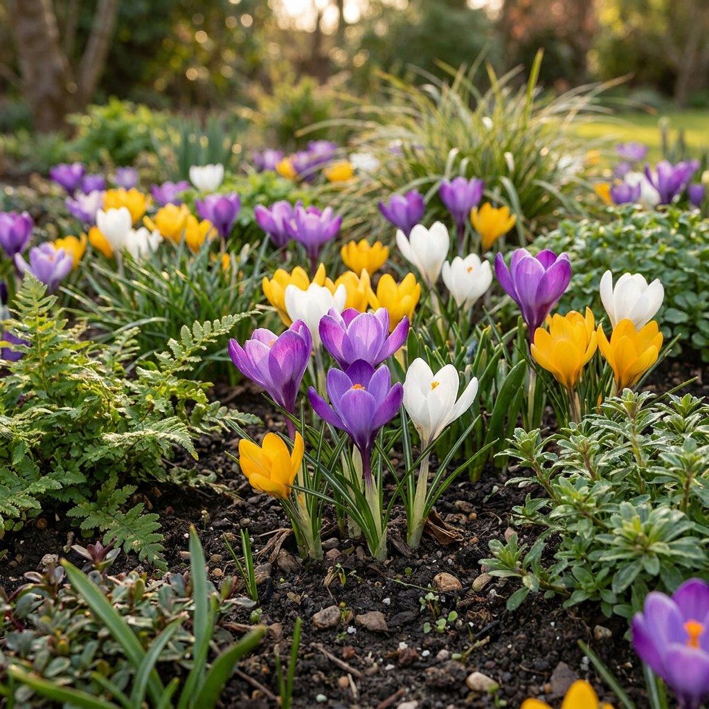 Krokus Soortenmix in bloei in de tuin