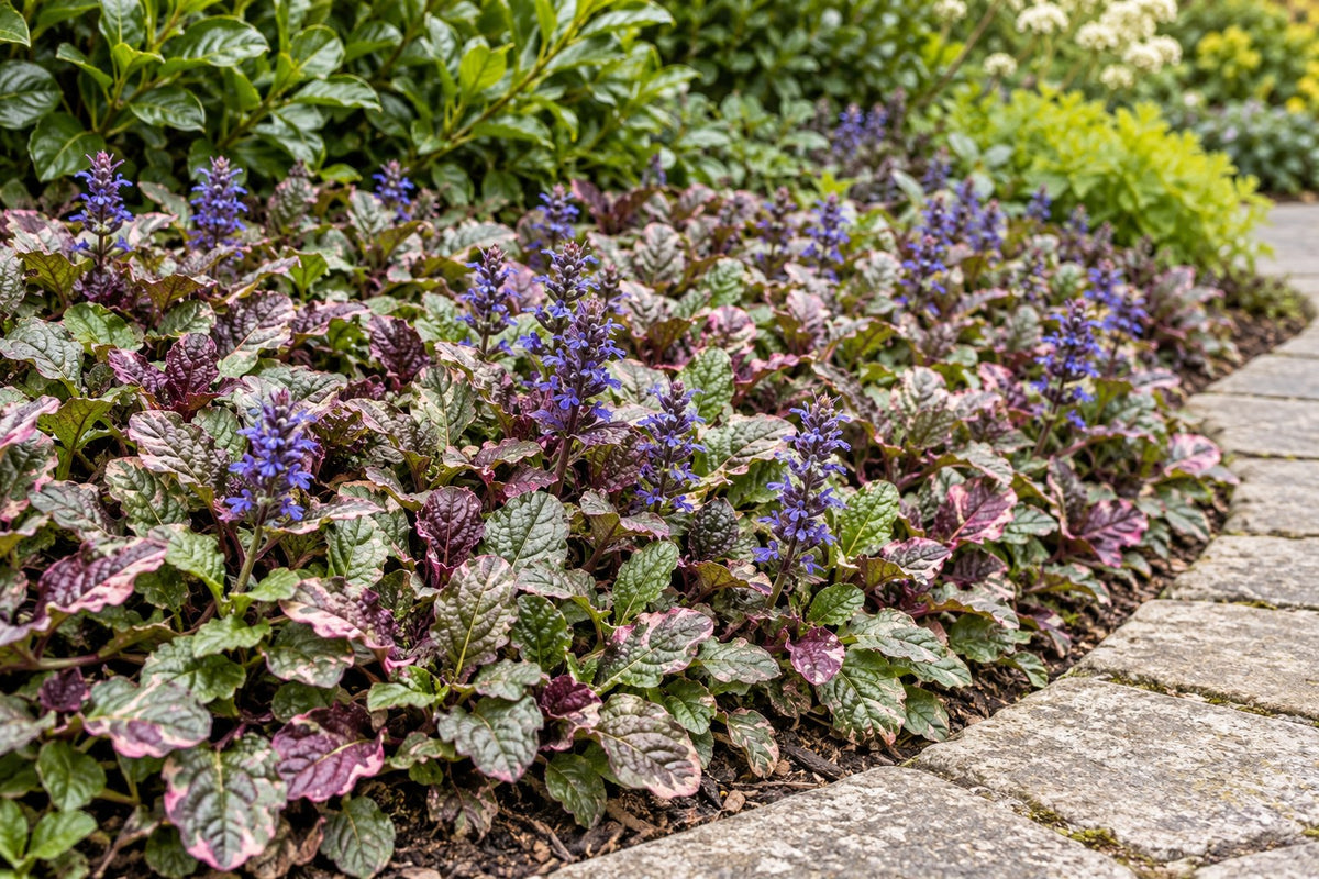 Kruipend zenegroen 'Burgundy Glow' aangeplant in de tuin