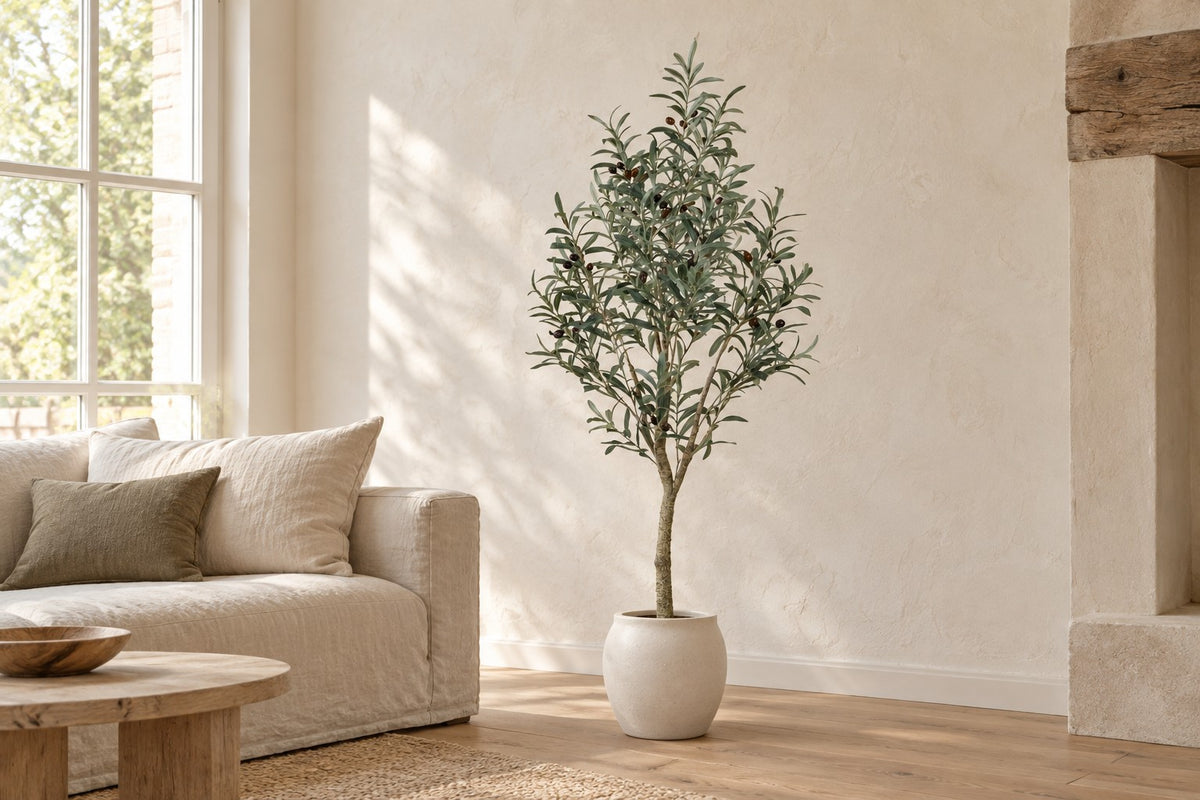 Kunstigt oliventræ, 140 cm, i a white ceramic planter i en lys stue