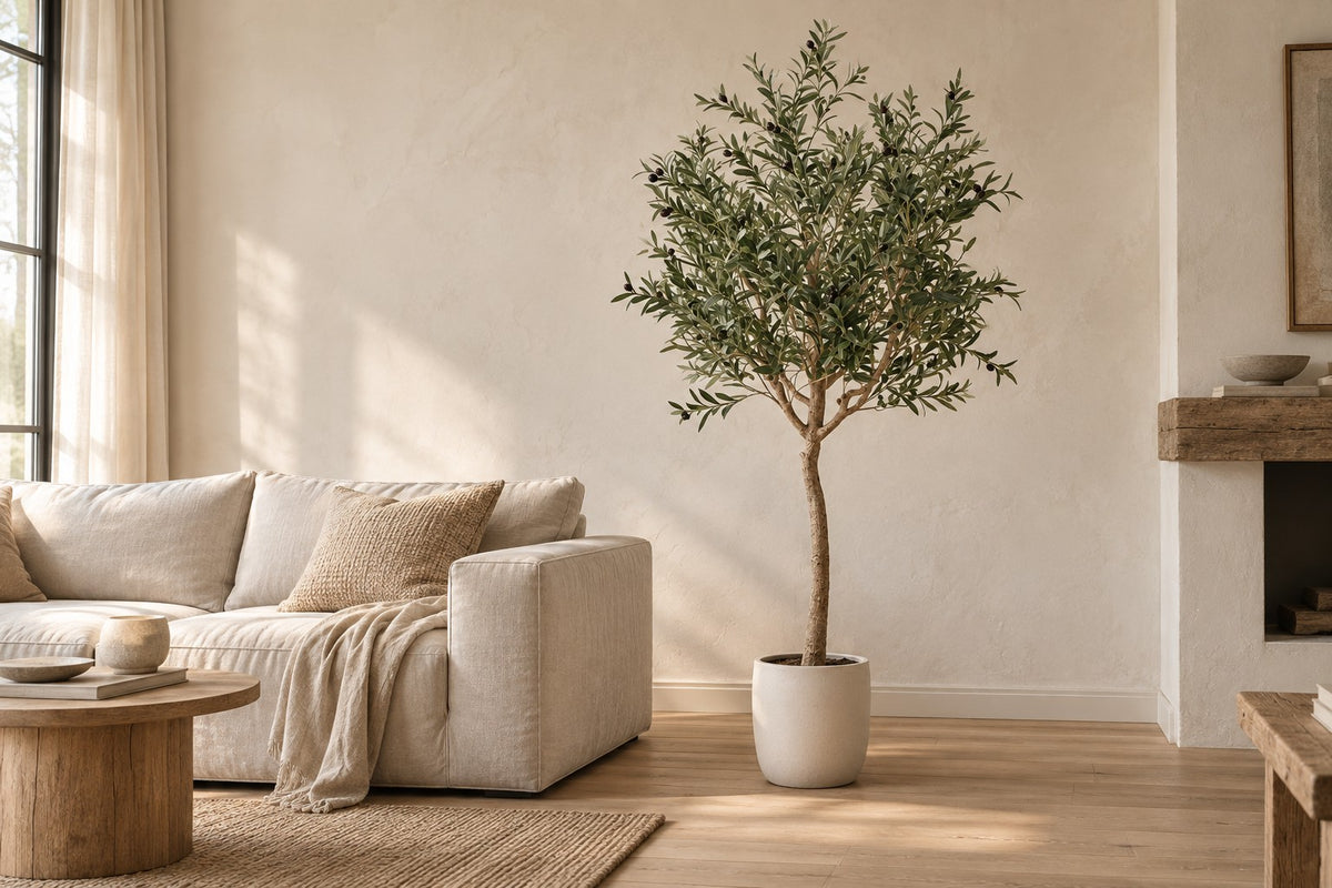 Olivo artificiale, 180 cm, in a white ceramic planter in un soggiorno luminoso