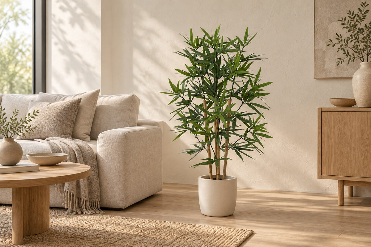 Konstväxt bambu, 91 cm, i a white ceramic planter i ett ljust vardagsrum
