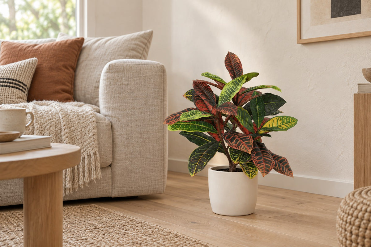 Kunstplant Croton Codiaeum van 40 cm in een witte keramische pot in een lichte woonkamer