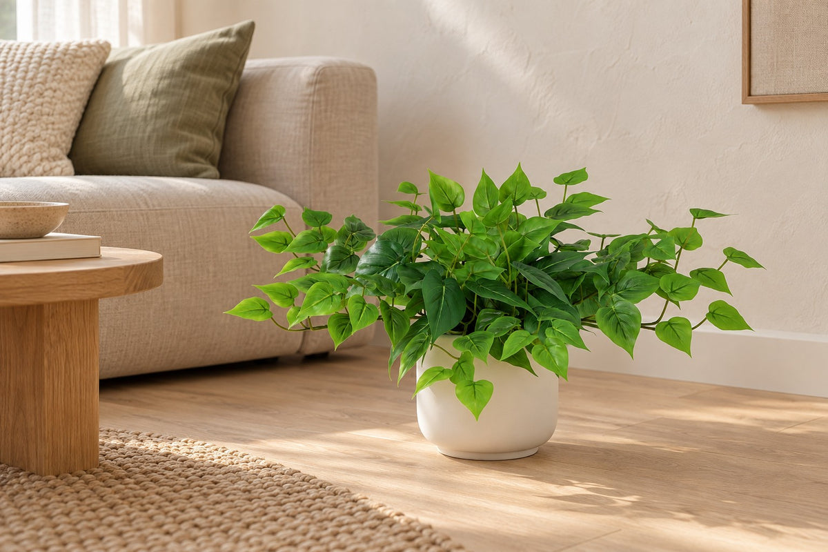 Pianta artificiale Epipremnum con vaso bianco incluso, 30 cm, in a white ceramic planter in un soggiorno luminoso